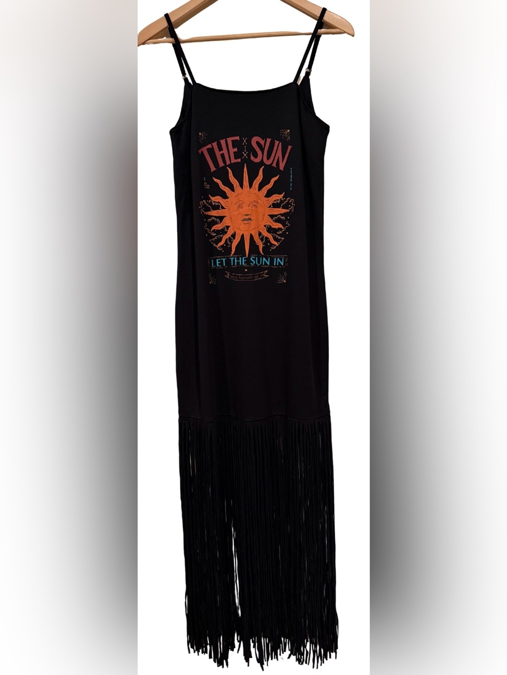 Anthropologie Farm Rio Slim Fringe Maxi Dress XS Black Celestial Motif Festival - Picture 3 of 9